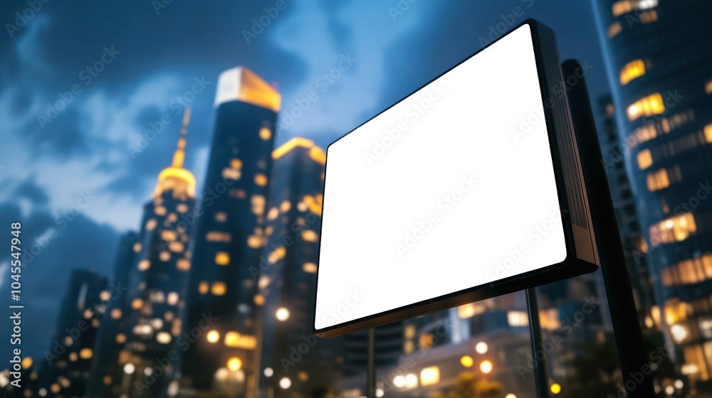 A blank billboard on a city street against a blue sky, surrounded by urban architecture, ready for advertising and marketing messages A blank billboard on a city street against a blue sky, surrounded by urban architecture, ready for advertising and marketing messages