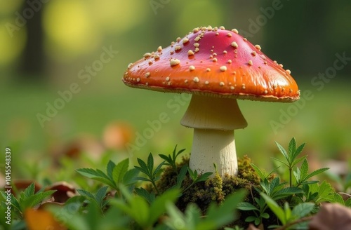 Close-up of a vibrant red toadstool with white spots, nestled in a forest setting surrounded by dried leaves and grass - Amanita muscaria