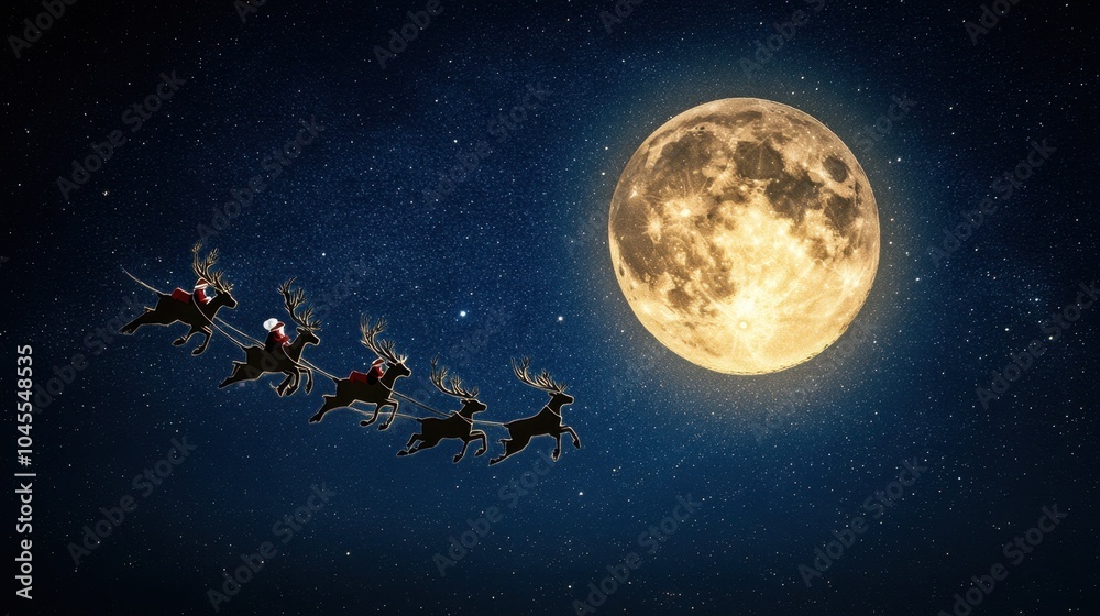 Santa Claus and his reindeer flying through the night sky with a vibrant full moon behind them. Santa Claus and his reindeer flying through the night sky with a vibrant full moon behind them.