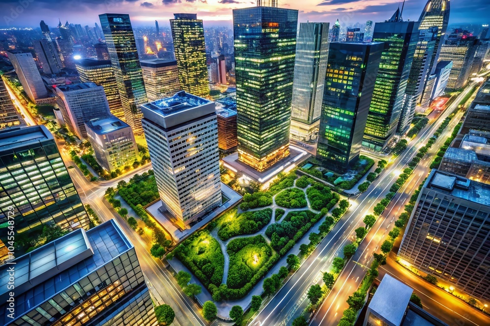 Fototapeta premium Aerial View of Modern Business District with Skyscrapers and Urban Landscape