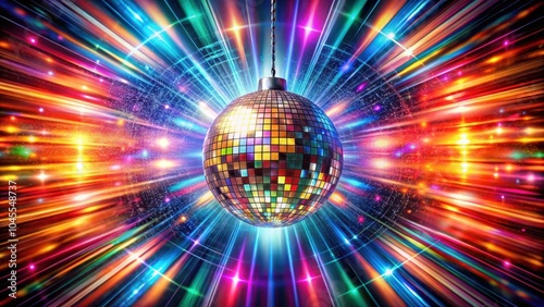 A disco ball hangs suspended within a kaleidoscope of vibrant light streaks and sparkling stars, radiating an atmosphere of energy and celebration.