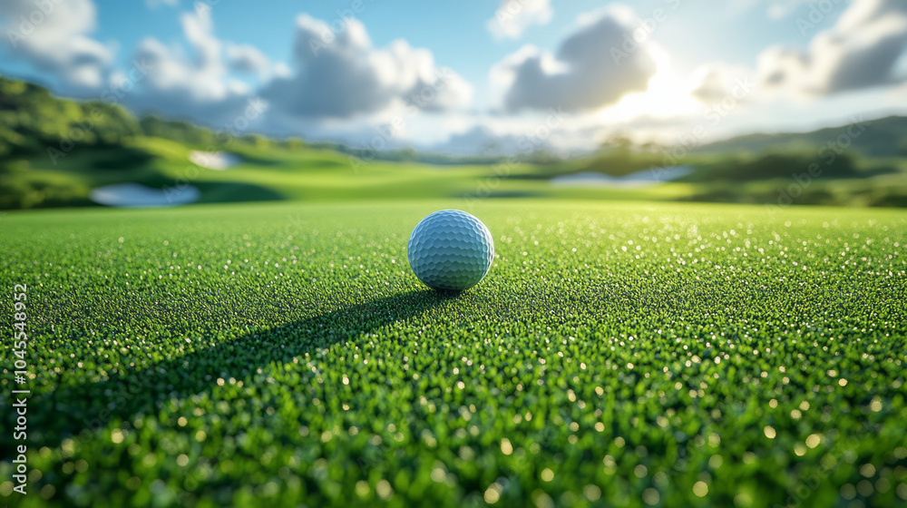 A minimalist perspective of a golf ball rolling on a lush green course, framed by soft, airy clouds, A minimalist perspective of a golf ball rolling on a lush green course, framed by soft, airy clouds,