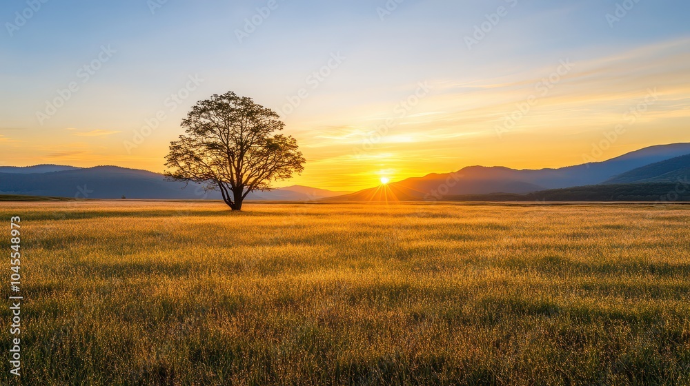 A stunning sunset over a golden field with a solitary tree, creating a tranquil and picturesque landscape. A stunning sunset over a golden field with a solitary tree, creating a tranquil and picturesque landscape.