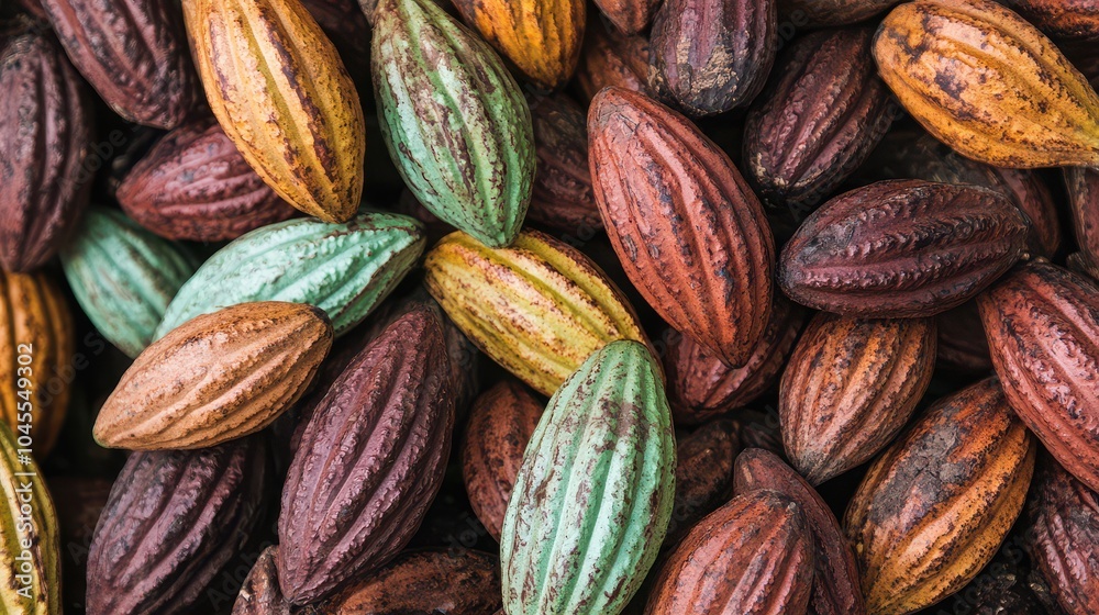 Fototapeta premium A vibrant collection of colorful cacao pods, showcasing their unique textures and rich hues, perfect for culinary and agricultural themes.
