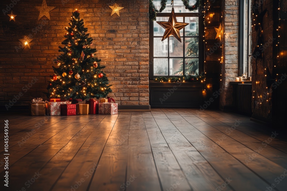 Empty Wooden Floor with Small Decorated Christmas Tree, Lights, Presents Beneath, and Large Stars Hanging on the Wall Empty Wooden Floor with Small Decorated Christmas Tree, Lights, Presents Beneath, and Large Stars Hanging on the Wall