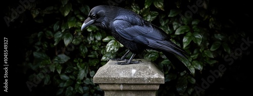 A striking black crow perches on an ancient wooden post, surveying the vibrant green surroundings in a serene woodland setting photo