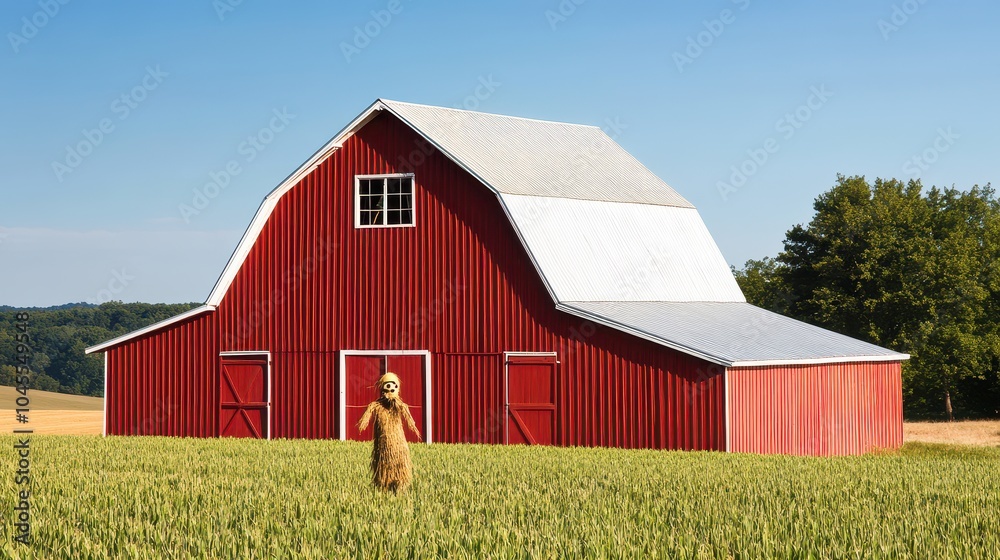 Obraz premium A vibrant red barn stands tall in a golden field, capturing the essence of rural life under a clear blue sky.