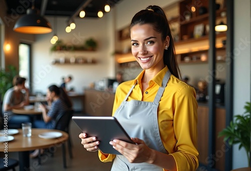 Smiling Woman Managing a Modern Cafe with a Tablet, Promoting Efficiency and Digital Transformation in the Food Service Industry