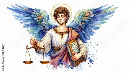 angel Tzadkiel, Angel of righteousness, shown with scales or a book, representing justice and morality. in watercolor illustration photo