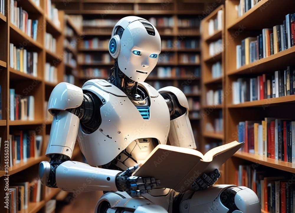 An illustration of a humanoid robot sitting in a cozy library An illustration of a humanoid robot sitting in a cozy library