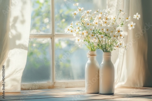 home decor ideas, vintage wooden table with upcycled wine bottle vases holding freshly picked flowers, bathed in soft morning light by the window