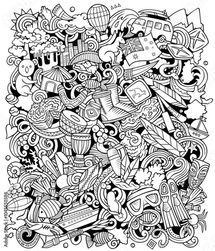 Australia cartoon doodle illustration. Funny Australian design. Creative vector background with Oceania Country elements and objects