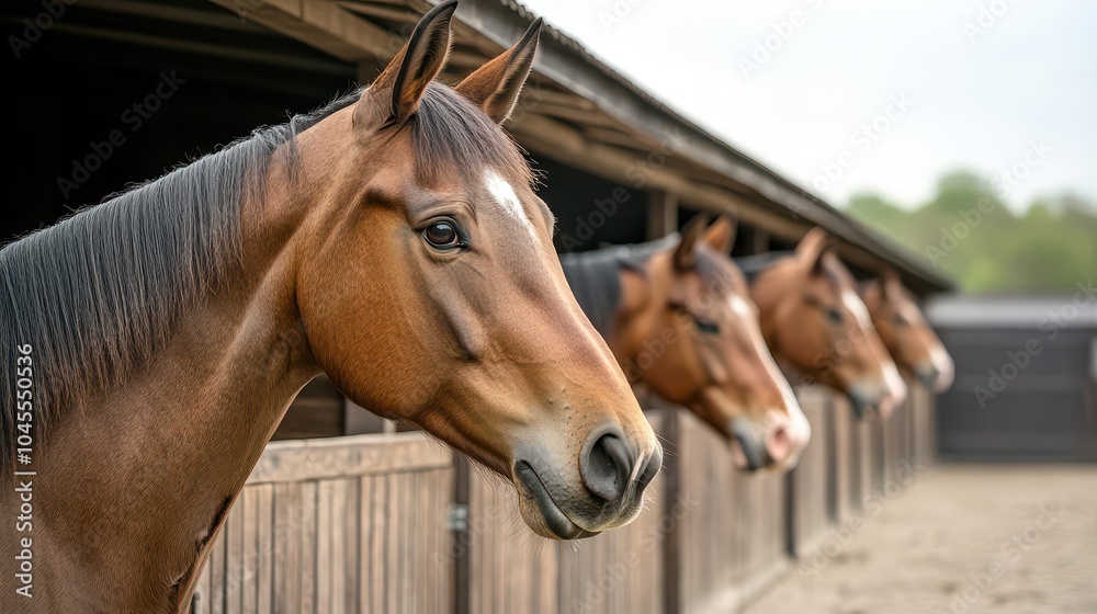 Fototapeta premium Beautiful horses stand in a stable, showcasing their elegant features and serene demeanor in a peaceful rural setting.