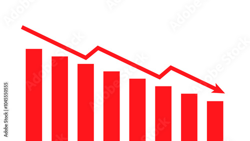 Decreasing concept. A 2D-style bar chart with vibrant red bars decreases in height with a downward zigzag arrow. For decline or reduce themes.