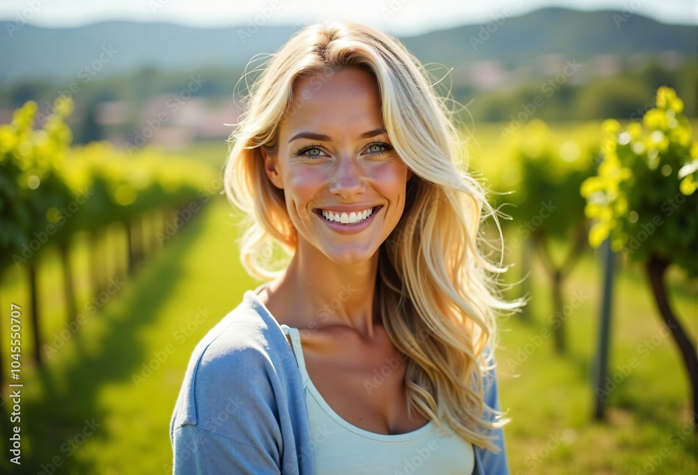 Joyful Woman Standing in a Vineyard, Bathed in Golden Sunlight, Enjoying the Peace and Beauty of Nature Joyful Woman Standing in a Vineyard, Bathed in Golden Sunlight, Enjoying the Peace and Beauty of Nature