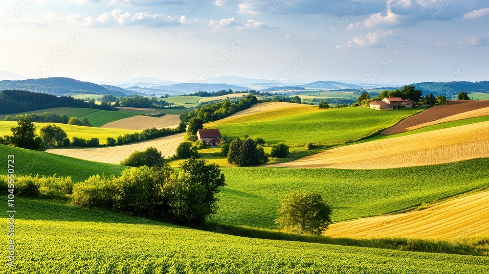 Fototapeta premium Breathtaking view of rolling hills and lush fields under a clear sky, showcasing the beauty of nature and agricultural landscapes.