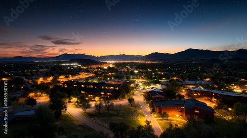 Fototapeta Naklejka Na Ścianę i Meble -  Aerial view of a small town at night with street lights illuminating the houses and mountains in the distance.