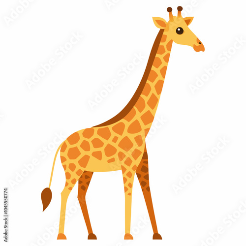 A giraffe with its long neck stretched upwards towards the sky on a white background.