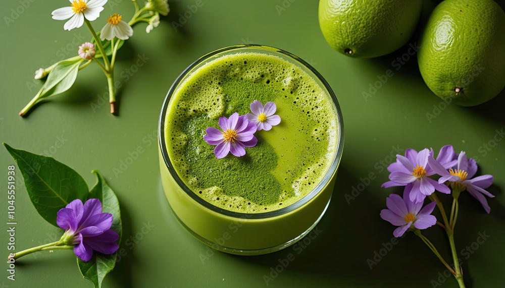 Artisanal Matcha Latte with Edible Flowers and Botanical Garnish Artisanal Matcha Latte with Edible Flowers and Botanical Garnish