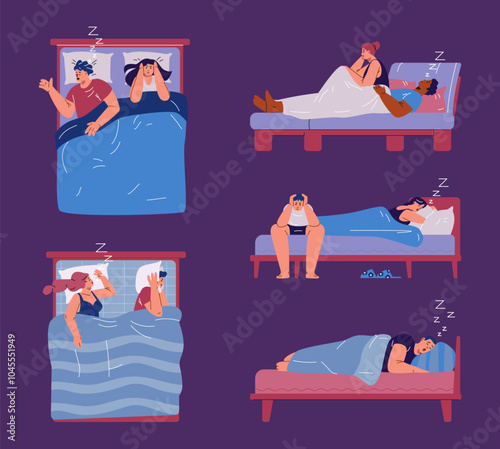 Vector drawing of a man and a woman in bed depicting common sleep apnea scenes