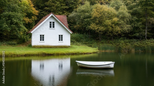 Serene lakeside view featuring a quaint house and peaceful boat surrounded by lush greenery and calm waters.