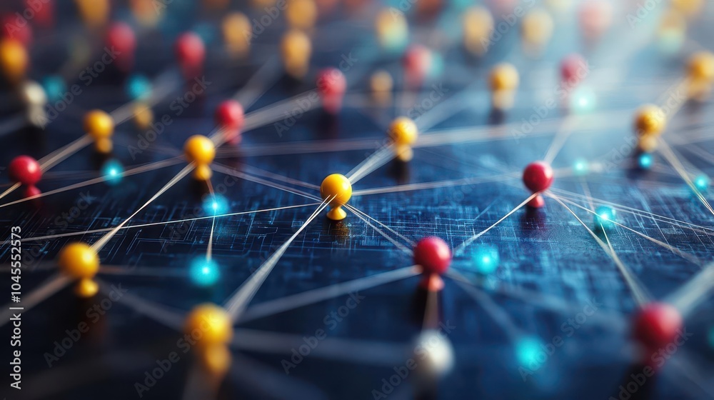 network of digital connections visualized with dynamic lines and dots representing the interconnectedness of people and ideas in a vibrant technological landscape