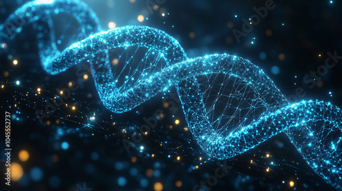 abstract blue dna strand with golden bokeh lights and dark background