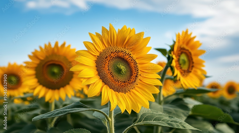 Vibrant sunflowers bloom under a clear blue sky, showcasing their bright yellow petals and intricate centers in a lively field. Vibrant sunflowers bloom under a clear blue sky, showcasing their bright yellow petals and intricate centers in a lively field.