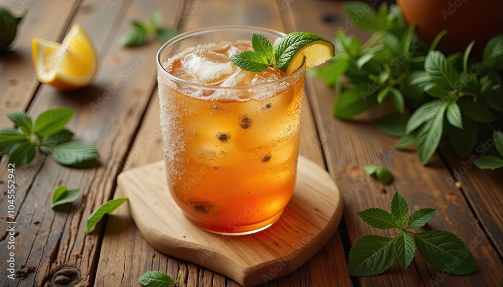 Summer Fruit Tea Infusion with Fresh Citrus and Berries on Rustic Wooden Surface Summer Fruit Tea Infusion with Fresh Citrus and Berries on Rustic Wooden Surface