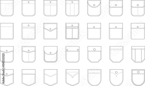 Patch pocket icon for clothing. Patch pockets with and without buttons zipper rivets line icons set isolated on white. Clothing design elements collection. Isolated vector illustration.