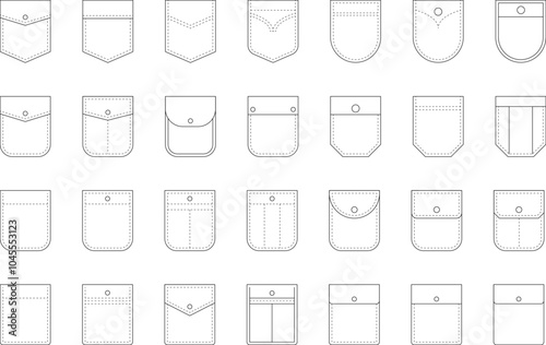 Patch pocket icon for clothing. Patch pockets with and without buttons zipper rivets line icons set isolated on white. Clothing design elements collection. Isolated vector illustration.