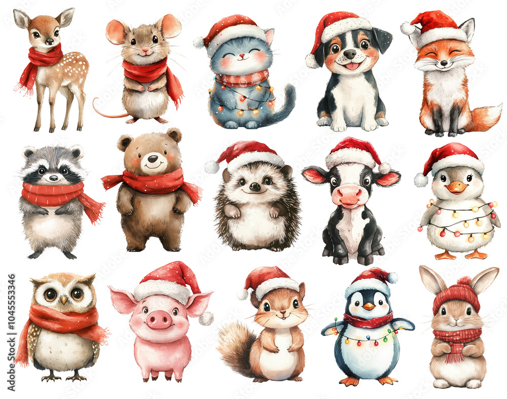 Watercolor santa hat animals isolated on transparent background, winter animals illustrations, christmas animals Watercolor santa hat animals isolated on transparent background, winter animals illustrations, christmas animals