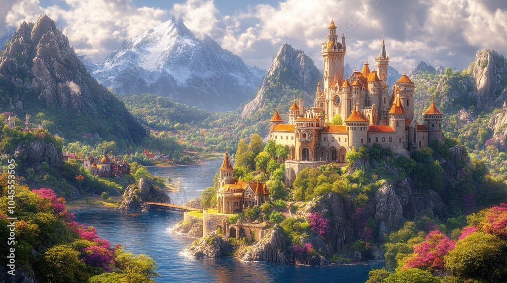 A majestic castle surrounded by mountains and lush landscapes under a bright sky. A majestic castle surrounded by mountains and lush landscapes under a bright sky.