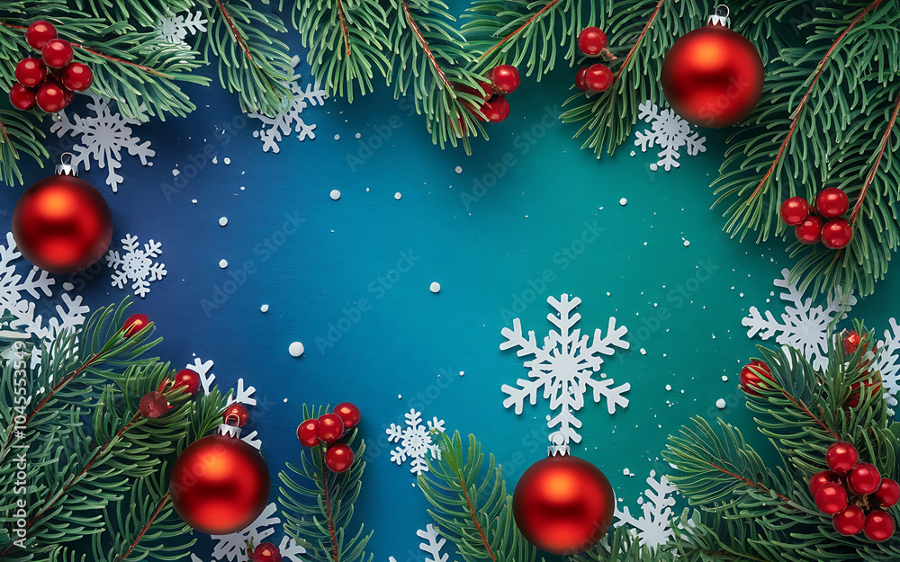 Red Christmas ornaments and green pine branches on a blue background with snowflakes for festive winter designs Red Christmas ornaments and green pine branches on a blue background with snowflakes for festive winter designs