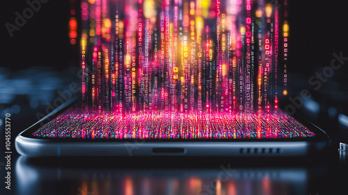 Smartphone emitting vibrant streams glowing digital data, symbolizing the flow of information and advanced mobile technology. Vivid neon colors emphasize power and speed modern communication systems