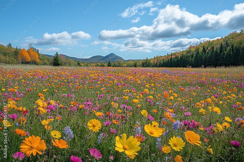 A vibrant field of wildflowers under a blue sky with distant mountains. A vibrant field of wildflowers under a blue sky with distant mountains.