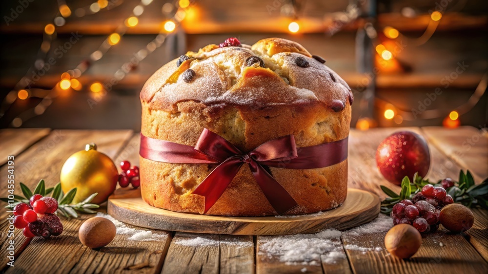 A Festive Sweetbread Adorned with a Red Bow and Sprinkles, Set on a Rustic Wooden Table with Christmas Decorations A Festive Sweetbread Adorned with a Red Bow and Sprinkles, Set on a Rustic Wooden Table with Christmas Decorations