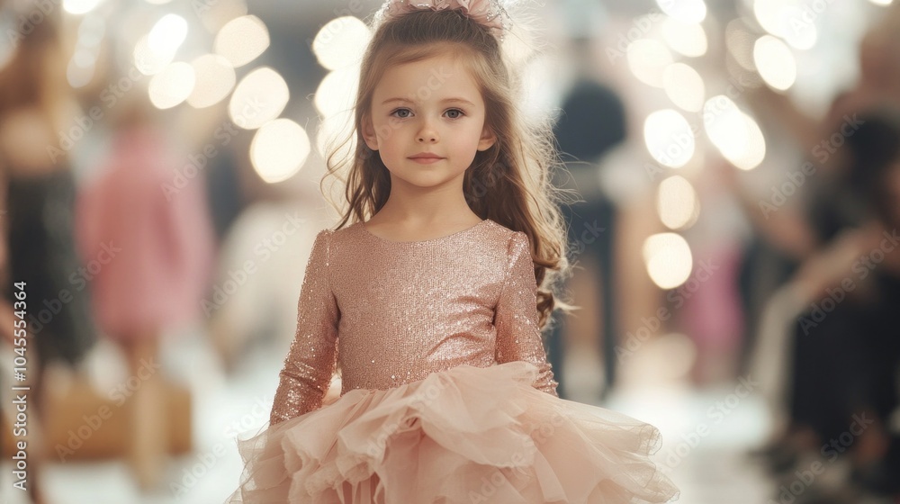 Naklejka premium A young girl in a pink dress is walking down a runway