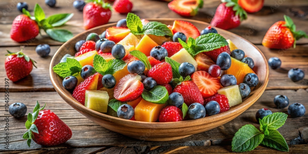 A refreshing bowl of chopped fruit salad with juicy strawberries, blueberries, melon, and fresh mint leaves, served on a rustic wooden table.