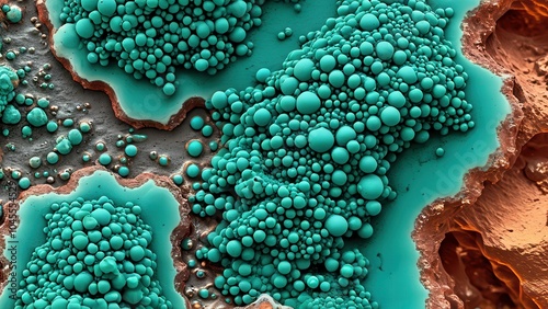 Vibrant blue-green Chrysocolla mineral specimen captured in stunning macro photography. Professional lighting reveals intricate copper silicate patterns and translucent structures in exquisite detail photo