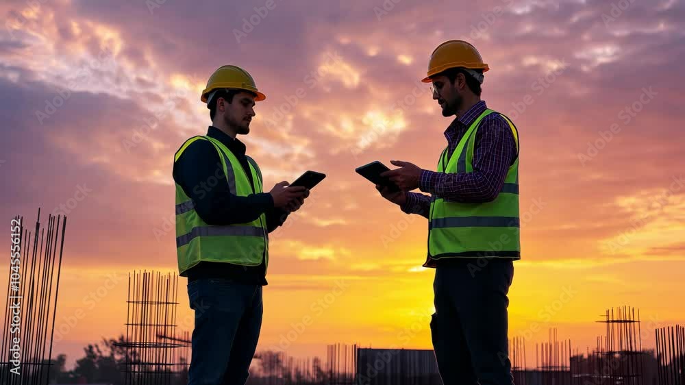 Two construction workers, one holding a tablet, discussing their plans at a construction site at dawn, representing coordination, preparation, and the start of a productive day. Video