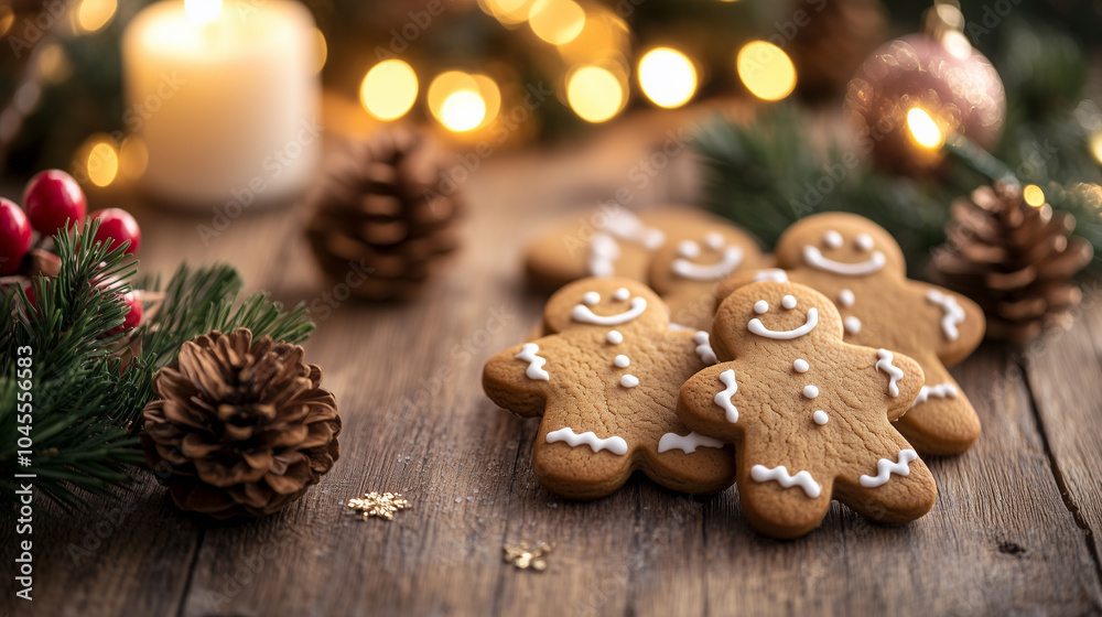 Festive Group of Gingerbread Cookies on a Wooden Table with Christmas Decorations Festive Group of Gingerbread Cookies on a Wooden Table with Christmas Decorations