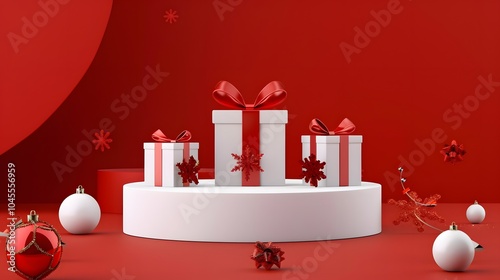 Podium Three red ribbon gift boxes with white bows on white round platform with ornaments in red background.