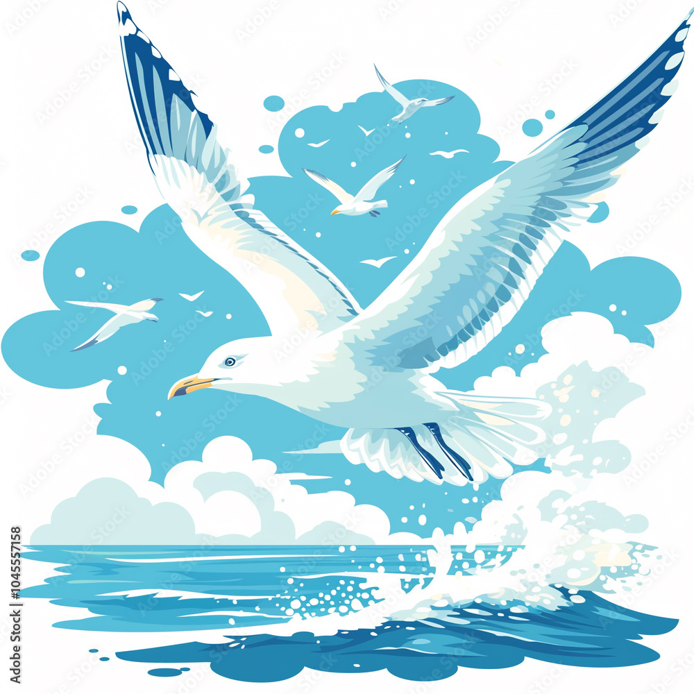 A seagull is flying over the ocean with a few other birds in the background A seagull is flying over the ocean with a few other birds in the background