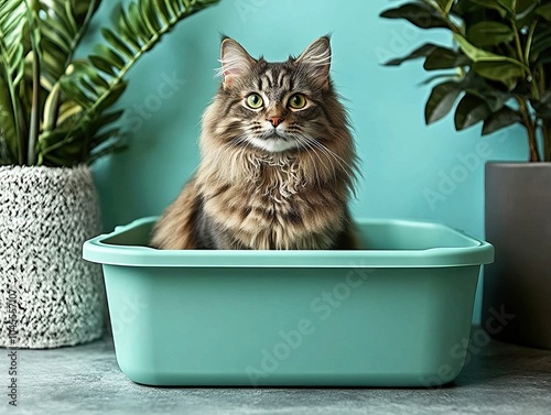 A fluffy cat sits contentedly in a teal litter box surrounded by green plants, creating a modern and cozy atmosphere. photo