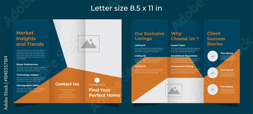 Trifold brochure template for real estate compagny in blue and yellow colors