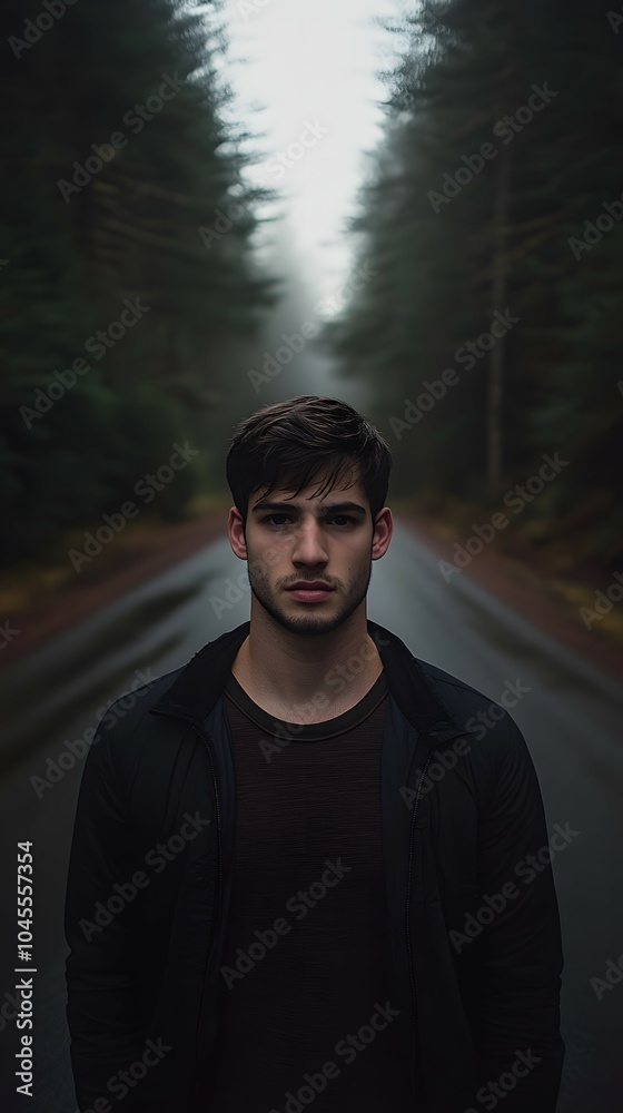 Young Man Standing in a Foggy Forest Road Young Man Standing in a Foggy Forest Road
