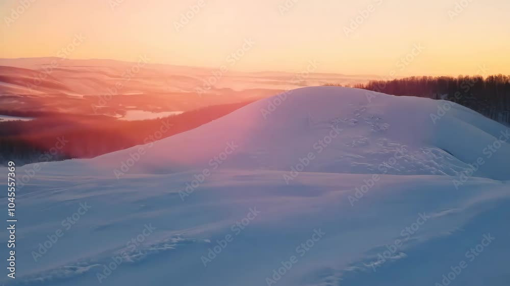 Serene winter sunrise over snowy hills with a warm glow in the morning sky Serene winter sunrise over snowy hills with a warm glow in the morning sky
