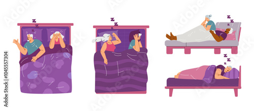 Couple in bed at night vector set, annoyed person suffering from insomnia because of snoring husband, wife, bad sleep
