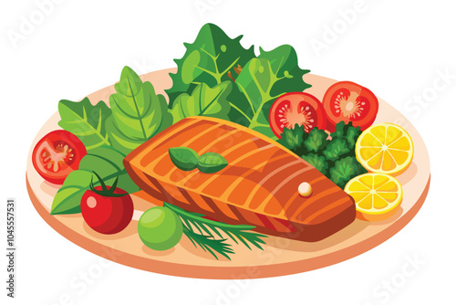 Grilled salmon fish fillet and fresh green leafy vegetable salad with tomatoes, red onion and broccoli, isolated on white background.